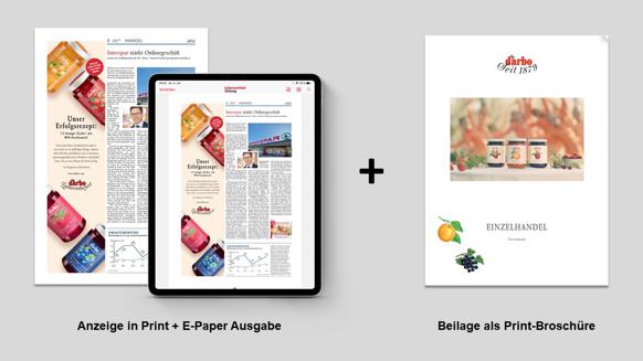 Glaubwürdige Produktwerbung durch Platzierung von Printanzeigen in der Lebensmittel Zeitung. Hinzu kommt die aufmerksamkeitsstarke Präsentation der Produktvielfalt durch zusätzliche Beilagen.