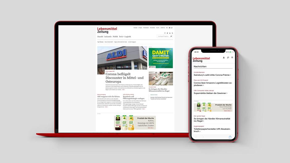 Volle Sichtbarkeit auf www.lebensmittelzeitung.net, sowohl desktop als auch mobil. Ihr Teaser erscheint auf der Startseite von www.lebensmittelzeitung.net und wird zusätzlich unter jedem Artikel ausgespielt.