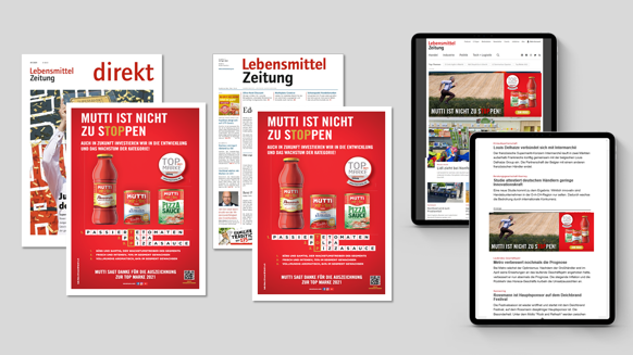 Crossmediale Präsentation als Top Marke Gewinner 2021 in der Kategorie Fertig-/Instantsoßen mittels großflächiger Anzeigen in der Lebensmittel Zeitung und LZ direkt sowie Banner im LZ Newsletter und auf LZ.net. 2022 gewann Mutti die Top Marke in der Kategorie Tomatenmark und feierte auch diesen Erfolg aufmerksamkeitsstark in den LZ Medien!