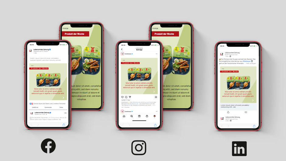 Für zusätzliche Reichweite und Aufmerksamkeit sorgen die Posts und Storys über die Social Media Kanäle der Lebensmittel Zeitung auf Instagram, Facebook und LinkedIn. 