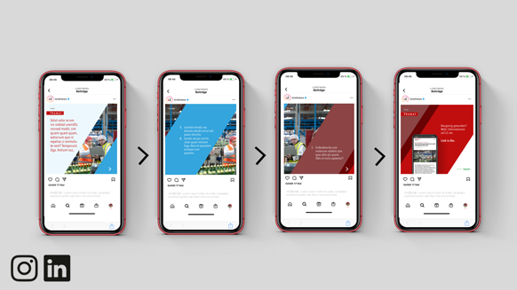 Auf LinkedIn und Instagram unterstreichen optisch ansprechende Slideshows die Botschaft rund um Ihr Produkt und verweisen auf Ihr Advertorial.