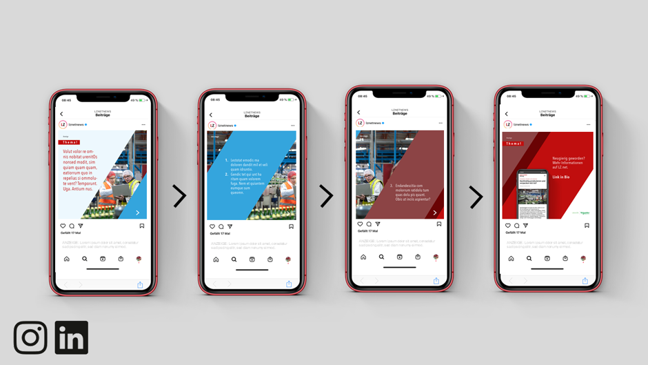 Auf LinkedIn und Instagram unterstreichen optisch ansprechende Slideshows die Botschaft rund um Ihr Produkt und verweisen auf Ihr Advertorial.