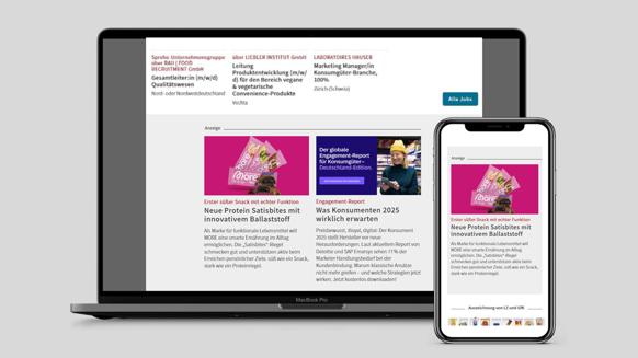 Redaktionelle Teaser auf der Startseite von www.lebensmittelzeitung.net (14 Tage Website-Einbindung) verweisen auf Ihr Advertorial.