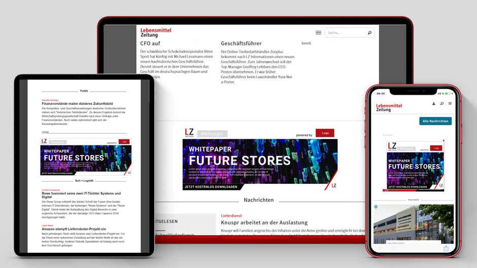 Prominente Banner im LZ Layout auf der Startseite von www.lebensmittelzeitung.net und im täglichen LZ Newsletter verlinken auf Ihr Whitepaper.