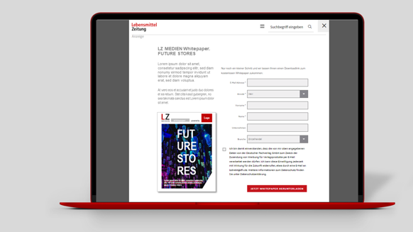 Lead Generierung: Vor dem Download werden interessierte User aufgefordert das Leadformular auszufüllen. Erst im Anschluss wird das Whitepaper als Download Link per Mail versendet.