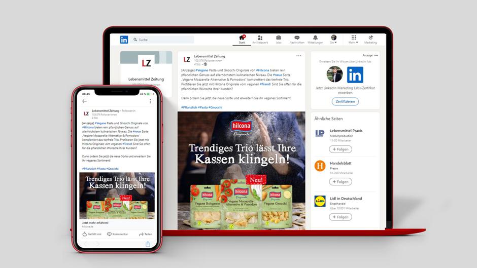 Hilcona nutzt den LinkedIn Post zur Bewerbung dreier neuen veganen Pasta Sorten. 